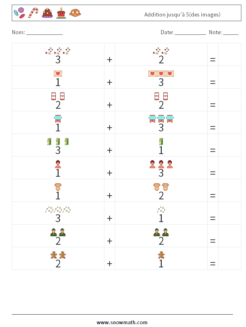 Addition jusqu'à 5(des images) Fiches d'Exercices de Mathématiques 13