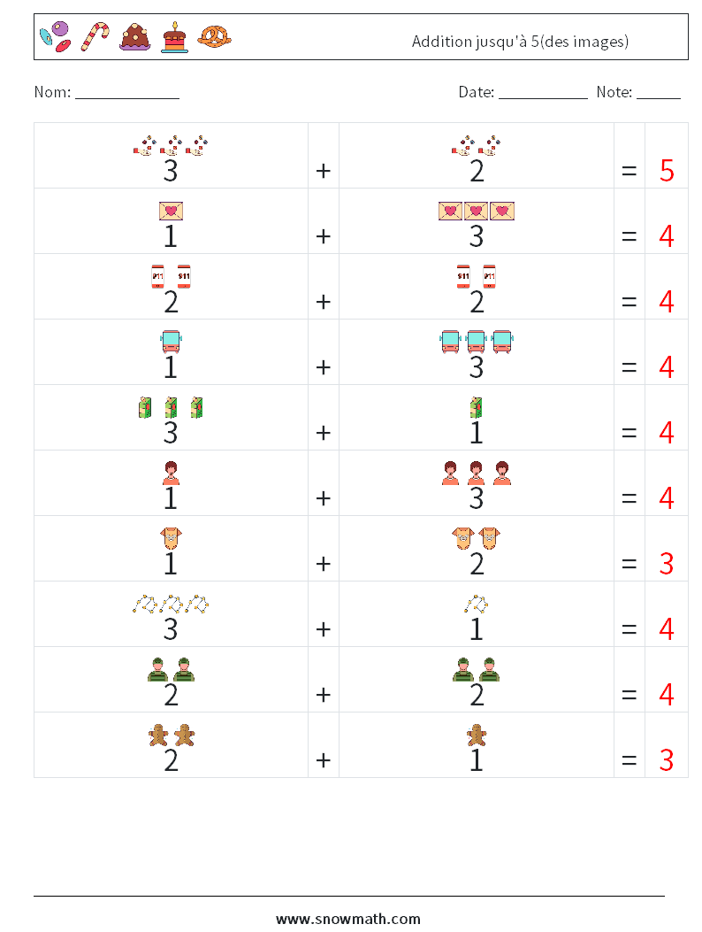 Addition jusqu'à 5(des images) Fiches d'Exercices de Mathématiques 13 Question, Réponse