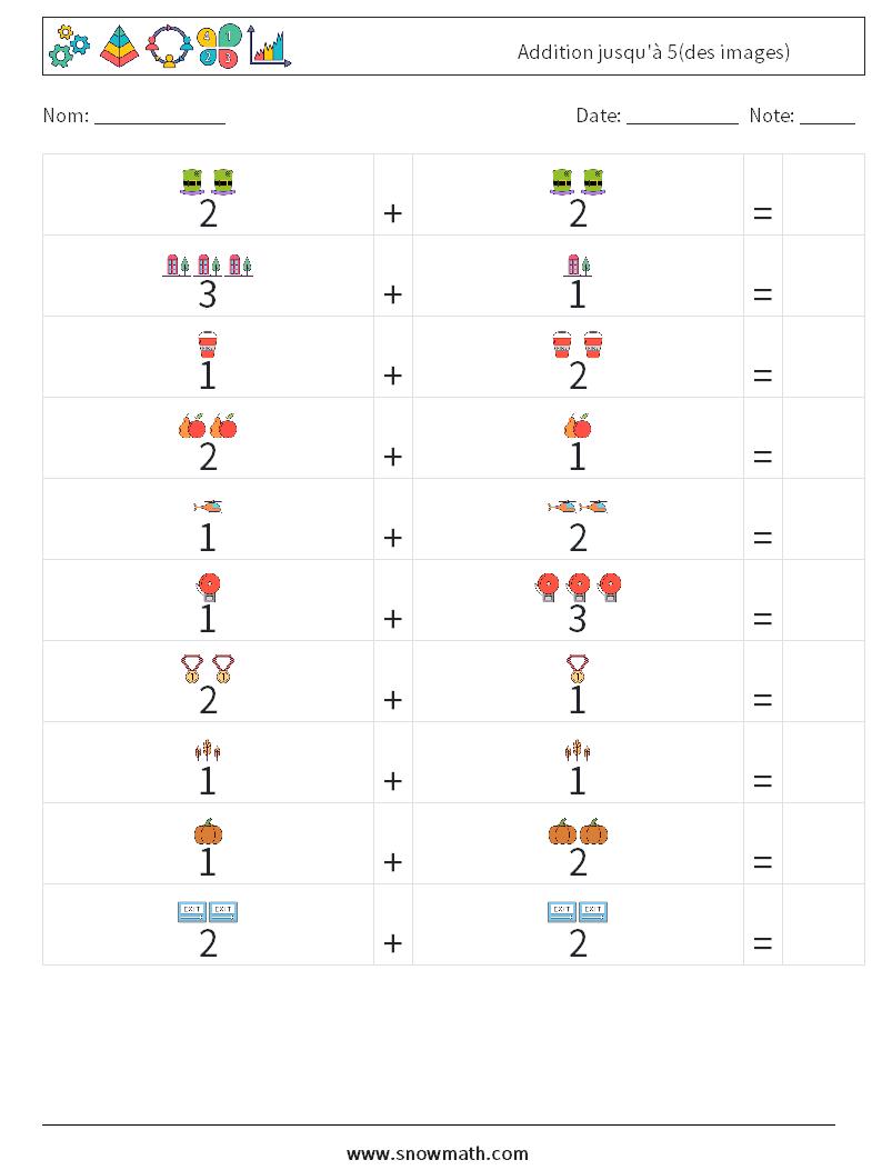 Addition jusqu'à 5(des images) Fiches d'Exercices de Mathématiques 14