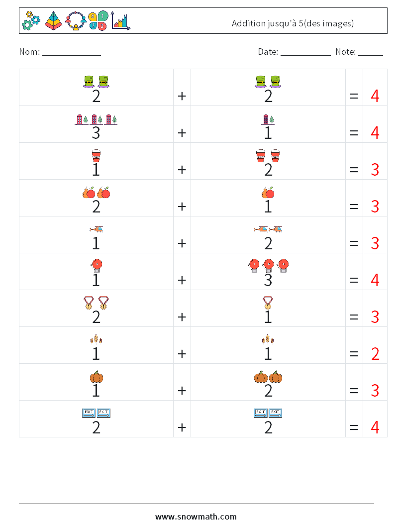 Addition jusqu'à 5(des images) Fiches d'Exercices de Mathématiques 14 Question, Réponse