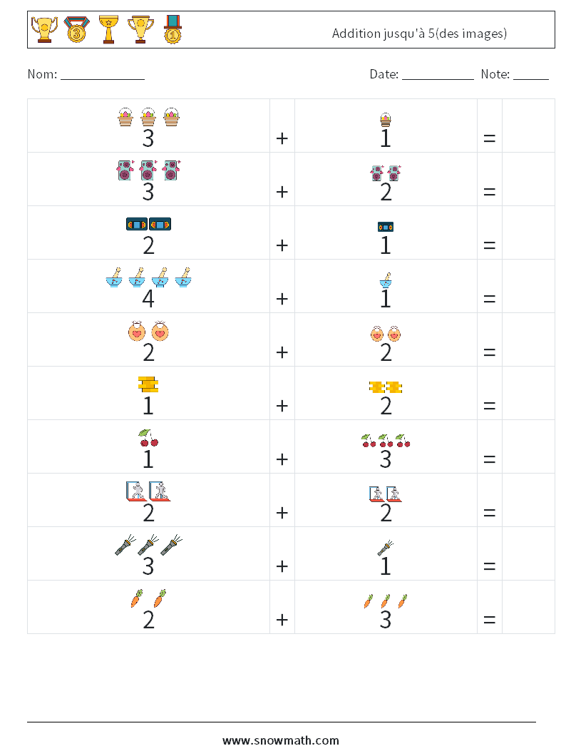 Addition jusqu'à 5(des images) Fiches d'Exercices de Mathématiques 15