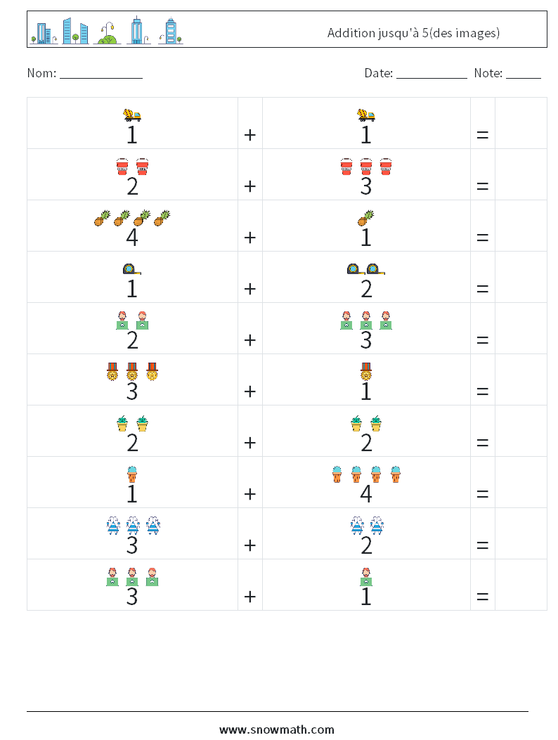 Addition jusqu'à 5(des images) Fiches d'Exercices de Mathématiques 16