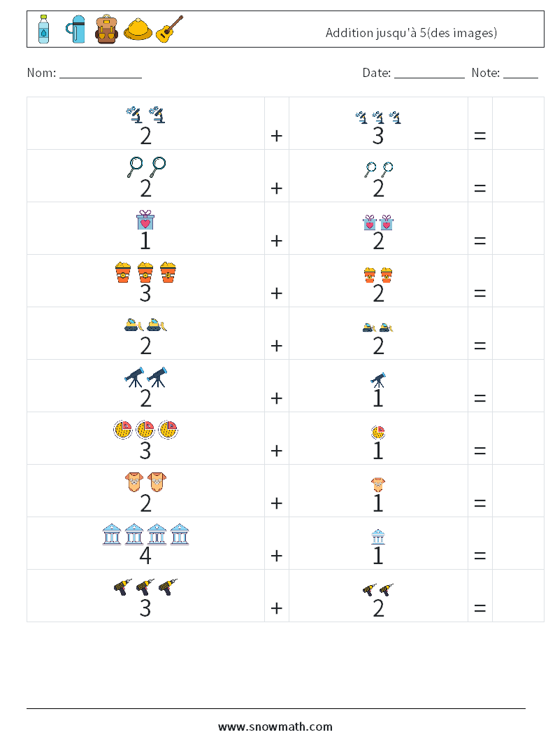 Addition jusqu'à 5(des images) Fiches d'Exercices de Mathématiques 17