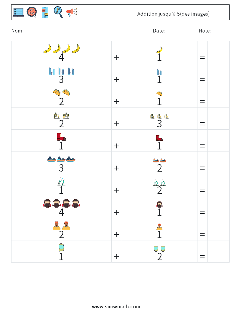 Addition jusqu'à 5(des images) Fiches d'Exercices de Mathématiques 18