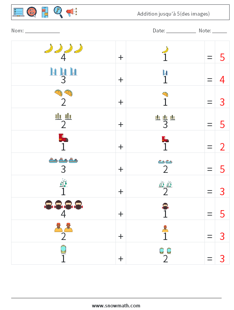 Addition jusqu'à 5(des images) Fiches d'Exercices de Mathématiques 18 Question, Réponse