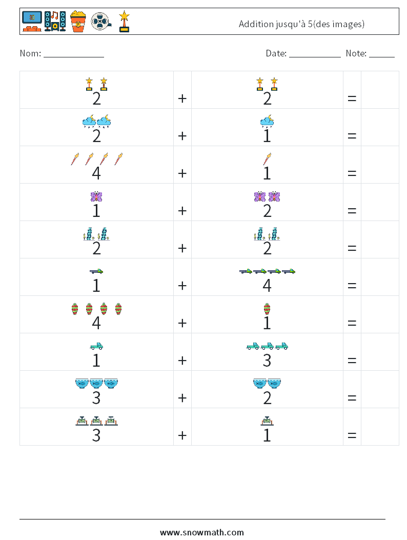 Addition jusqu'à 5(des images) Fiches d'Exercices de Mathématiques 2