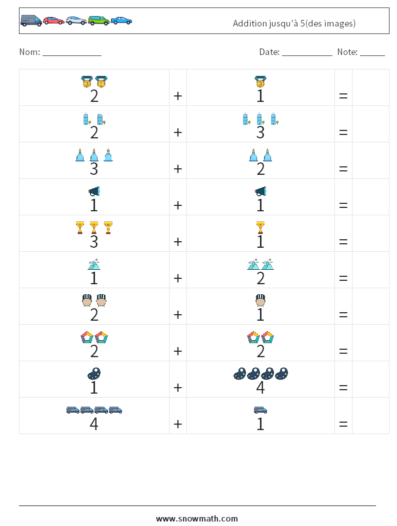 Addition jusqu'à 5(des images) Fiches d'Exercices de Mathématiques 3