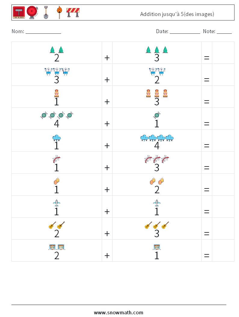 Addition jusqu'à 5(des images) Fiches d'Exercices de Mathématiques 4