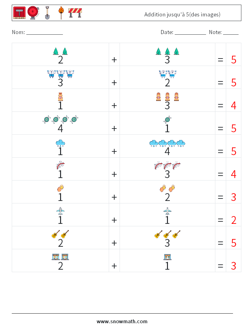 Addition jusqu'à 5(des images) Fiches d'Exercices de Mathématiques 4 Question, Réponse