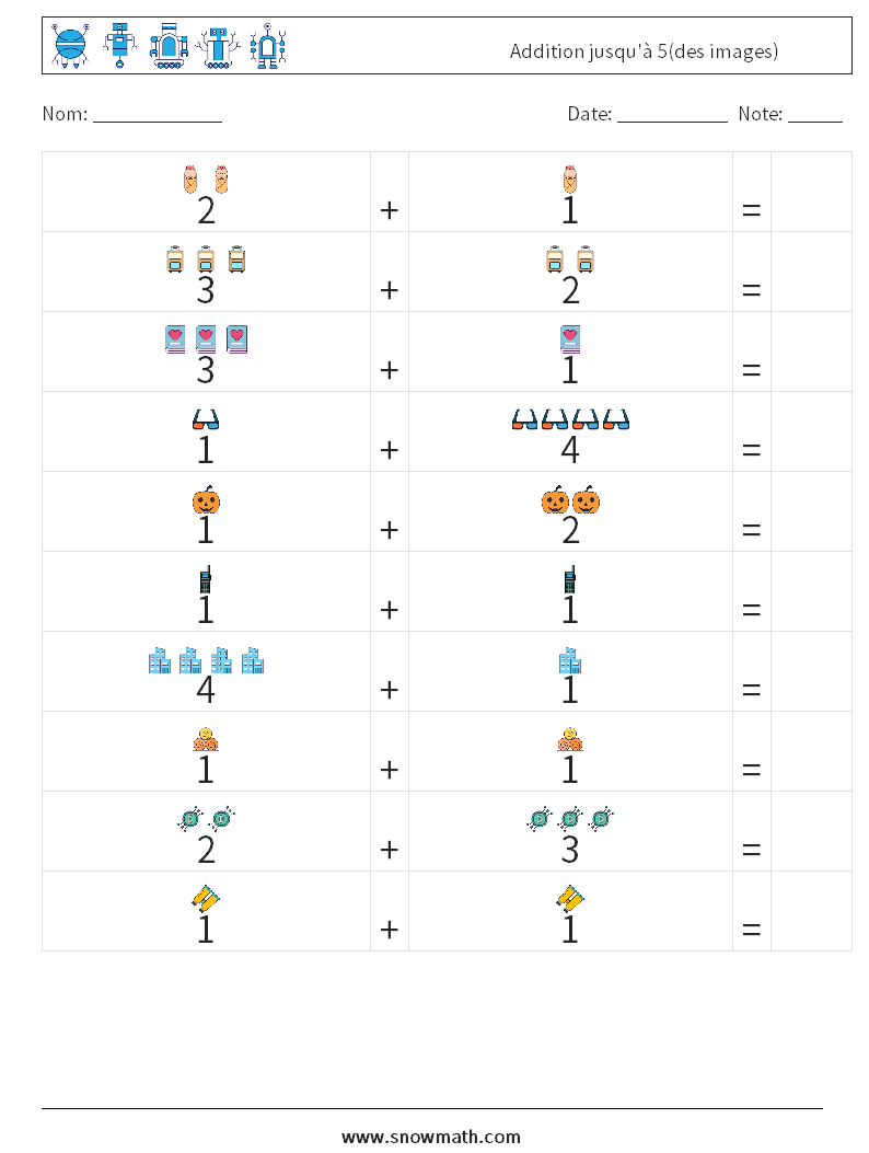 Addition jusqu'à 5(des images) Fiches d'Exercices de Mathématiques 5