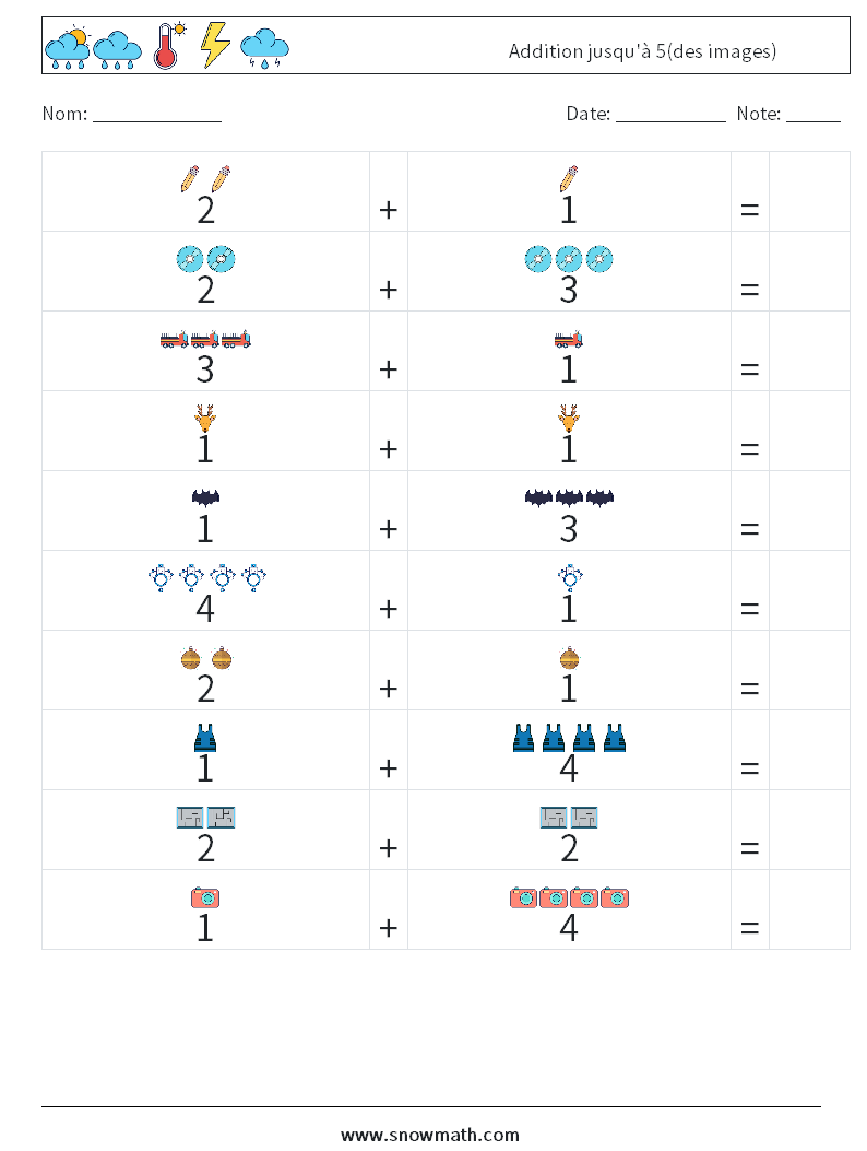 Addition jusqu'à 5(des images) Fiches d'Exercices de Mathématiques 6