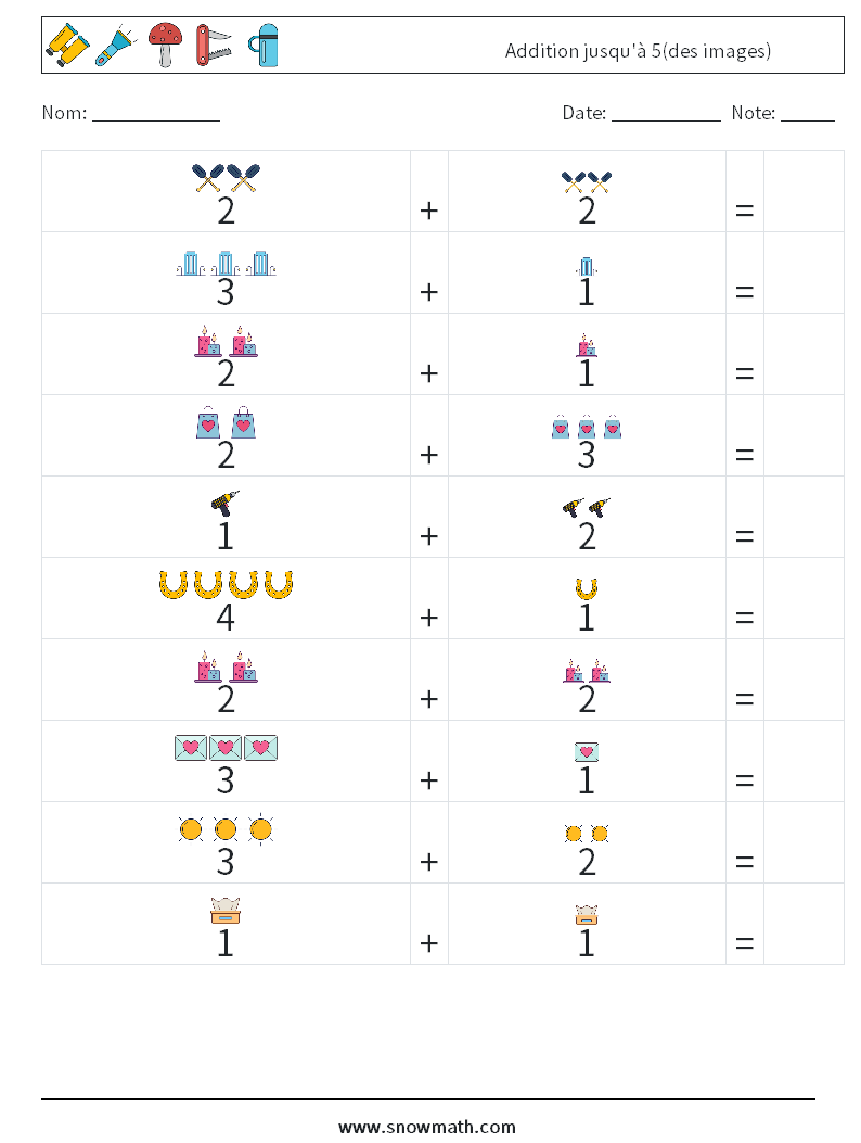 Addition jusqu'à 5(des images) Fiches d'Exercices de Mathématiques 7