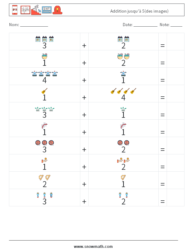 Addition jusqu'à 5(des images) Fiches d'Exercices de Mathématiques 8