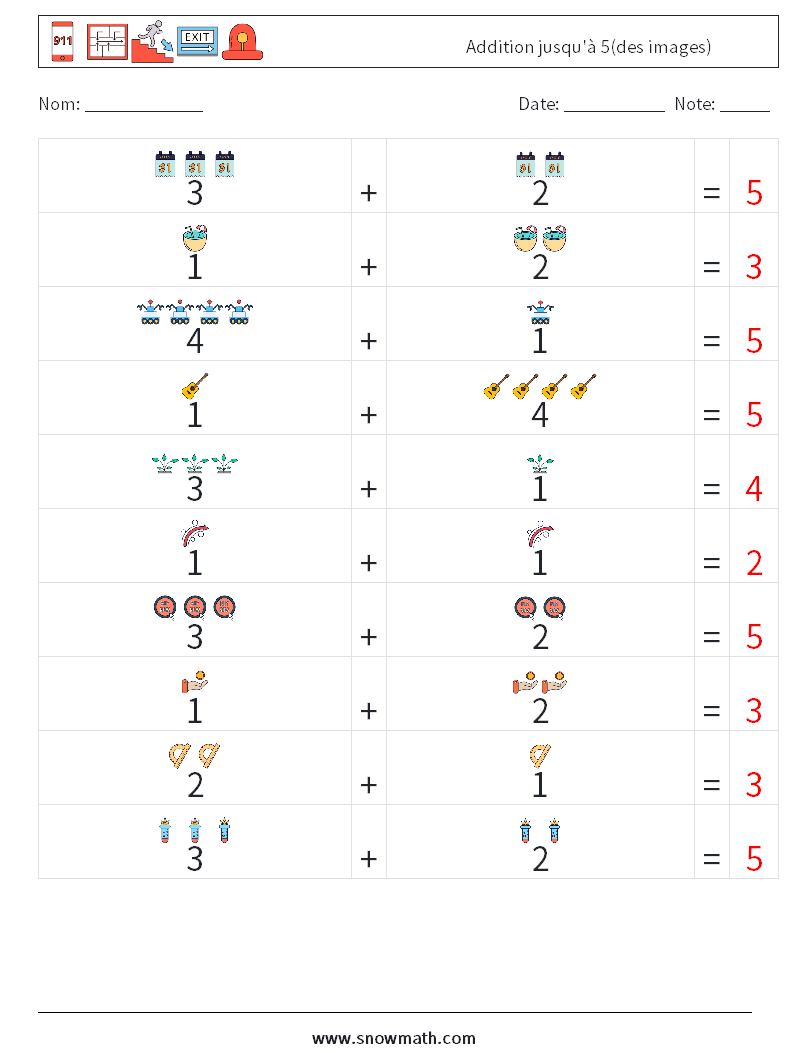 Addition jusqu'à 5(des images) Fiches d'Exercices de Mathématiques 8 Question, Réponse