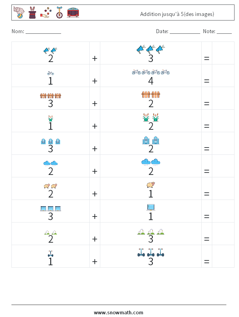 Addition jusqu'à 5(des images) Fiches d'Exercices de Mathématiques 9