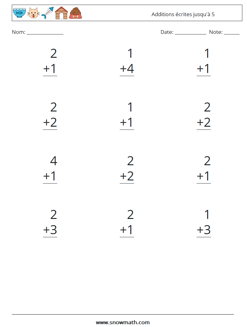 (12) Additions écrites jusqu'à 5 Fiches d'Exercices de Mathématiques 1