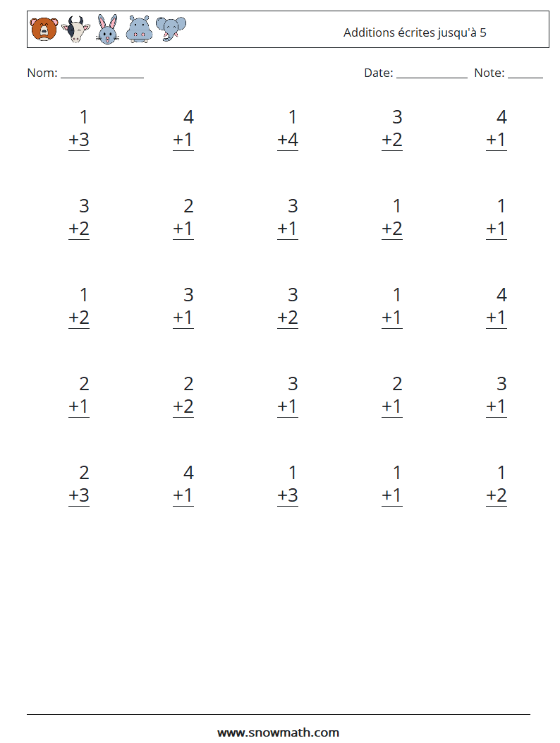 (25) Additions écrites jusqu'à 5 Fiches d'Exercices de Mathématiques 1