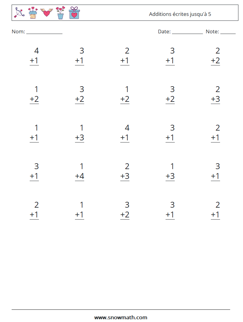 (25) Additions écrites jusqu'à 5 Fiches d'Exercices de Mathématiques 5