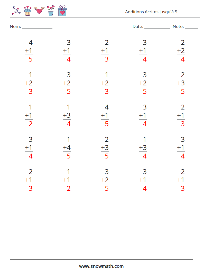 (25) Additions écrites jusqu'à 5 Fiches d'Exercices de Mathématiques 5 Question, Réponse