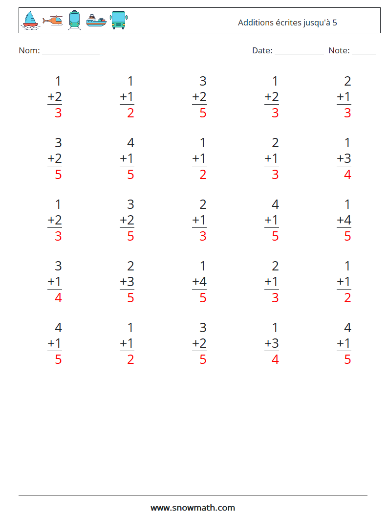 (25) Additions écrites jusqu'à 5 Fiches d'Exercices de Mathématiques 6 Question, Réponse