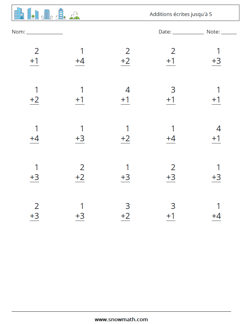 (25) Additions écrites jusqu'à 5 Fiches d'Exercices de Mathématiques 7