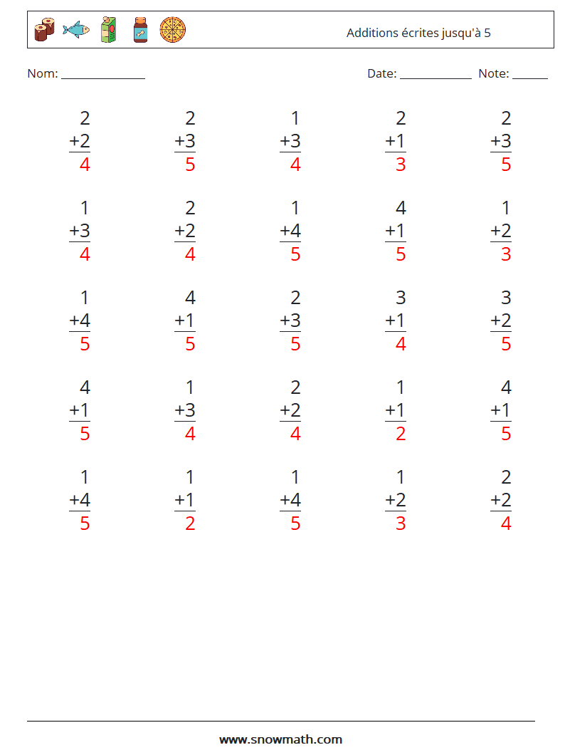 (25) Additions écrites jusqu'à 5 Fiches d'Exercices de Mathématiques 9 Question, Réponse