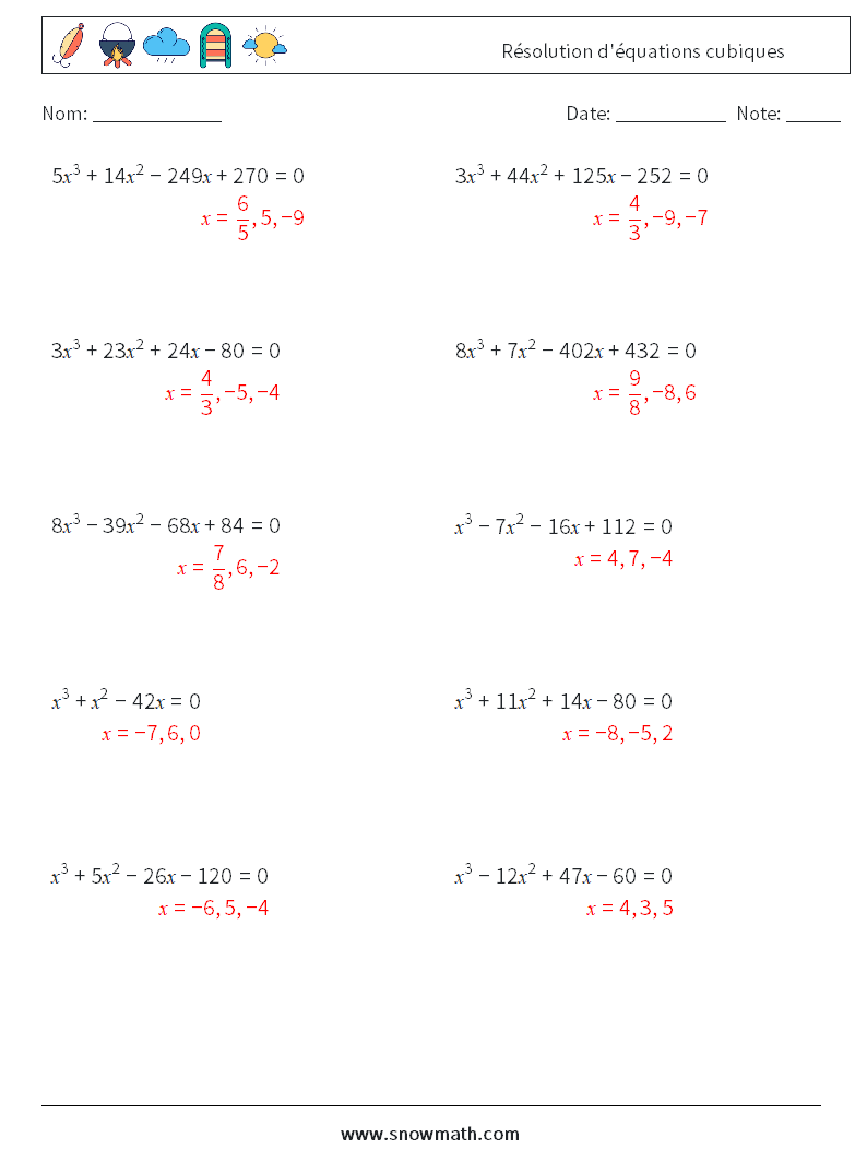 Résolution d'équations cubiques Fiches d'Exercices de Mathématiques 4 Question, Réponse