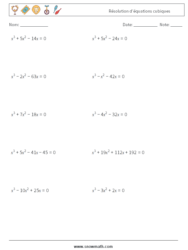 Résolution d'équations cubiques Fiches d'Exercices de Mathématiques 5
