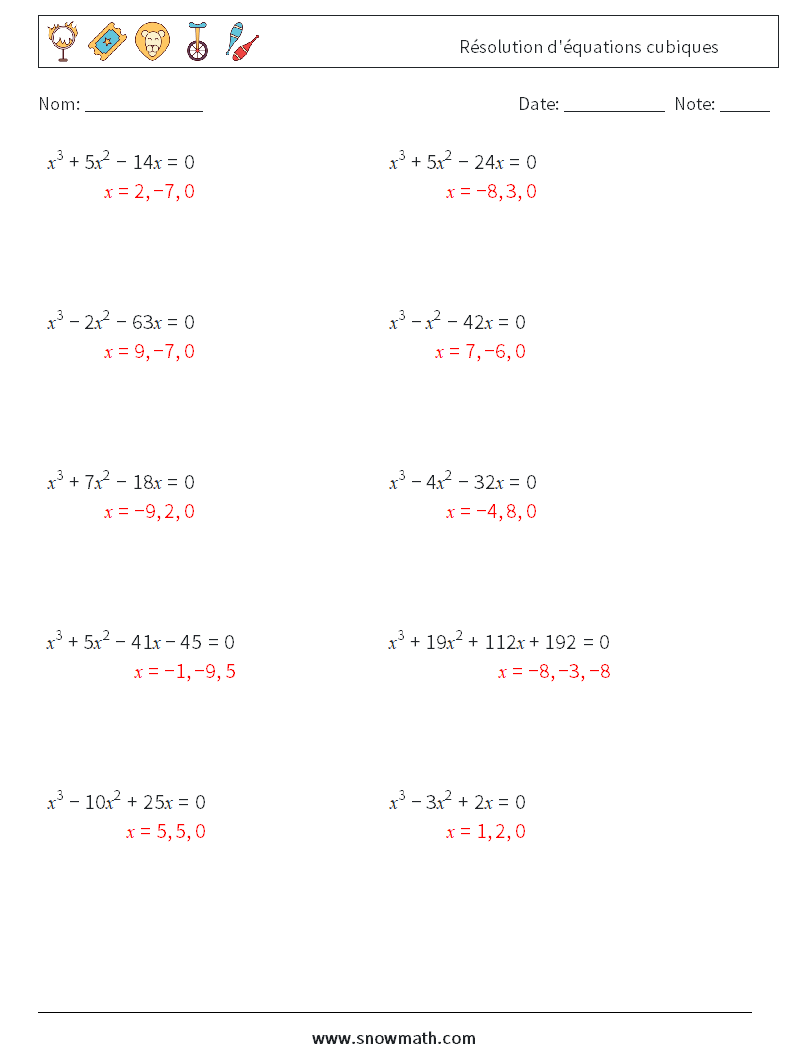 Résolution d'équations cubiques Fiches d'Exercices de Mathématiques 5 Question, Réponse