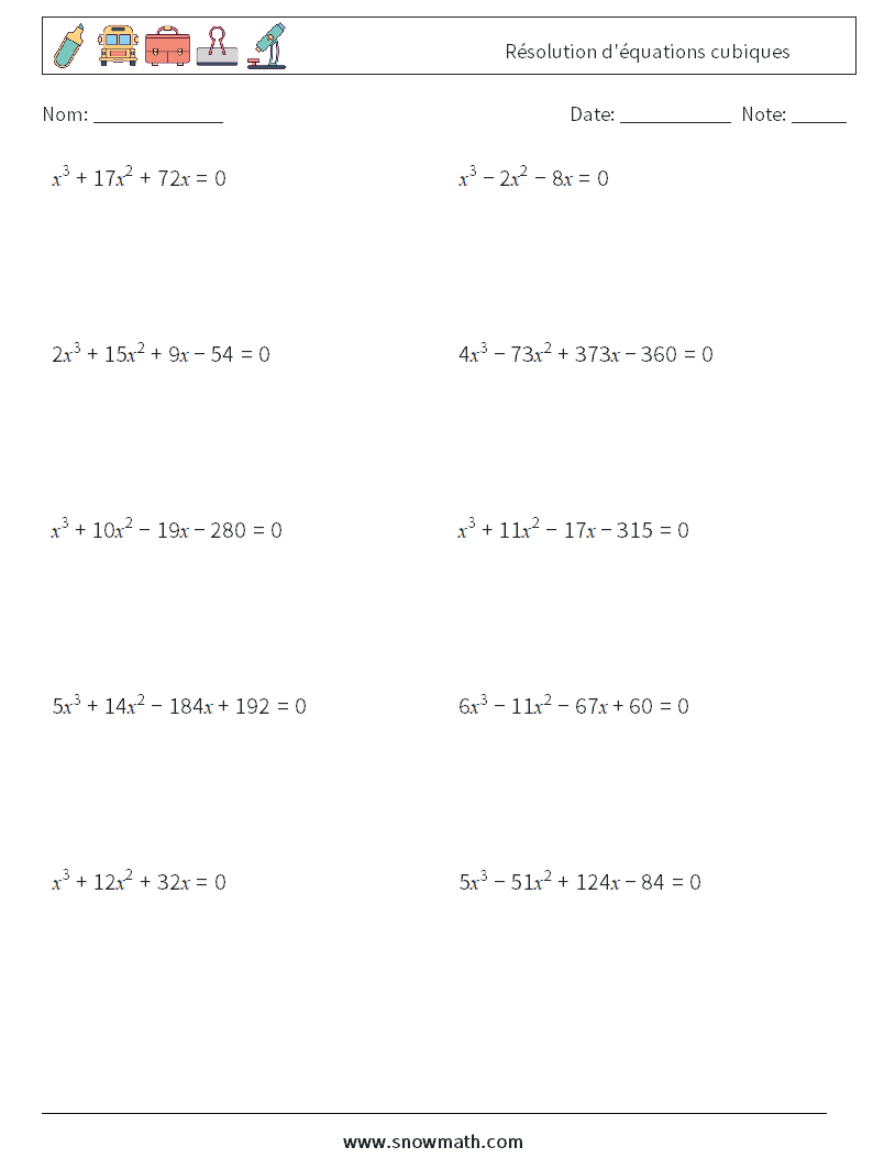Résolution d'équations cubiques Fiches d'Exercices de Mathématiques 6