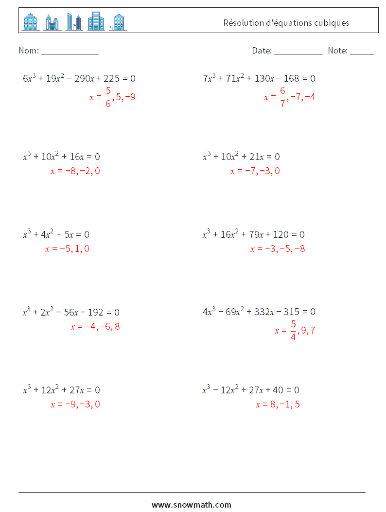 Résolution d'équations cubiques Fiches d'Exercices de Mathématiques 7 Question, Réponse