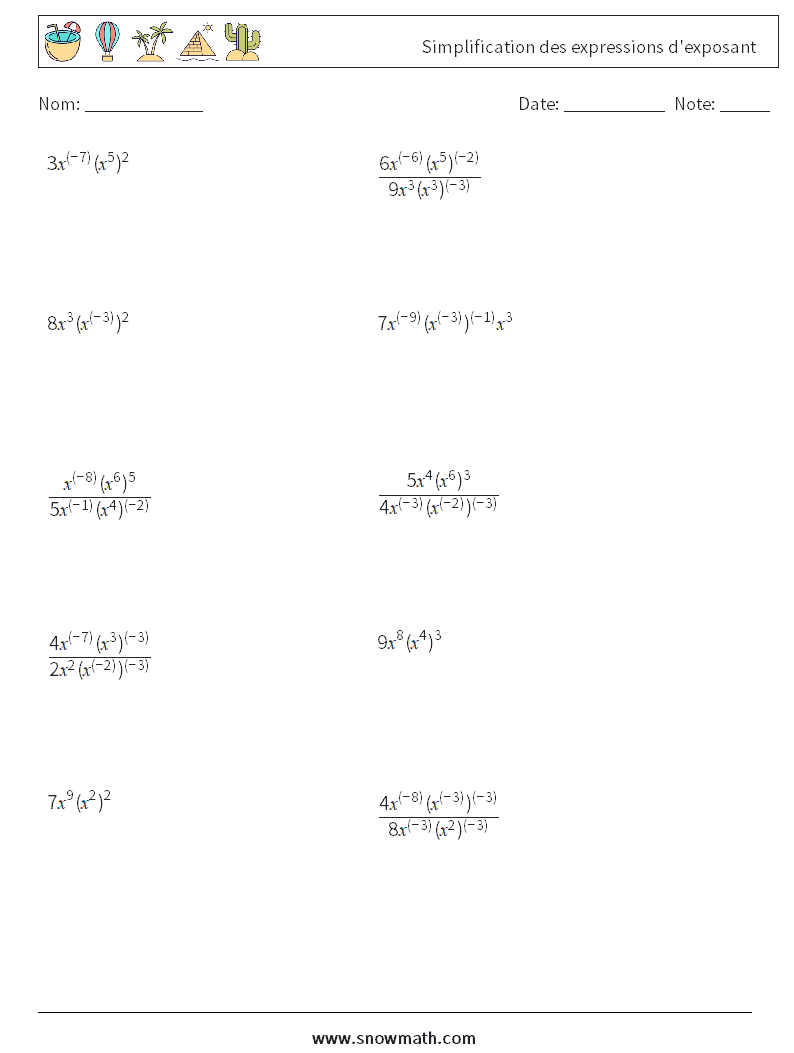  Simplification des expressions d'exposant Fiches d'Exercices de Mathématiques 1