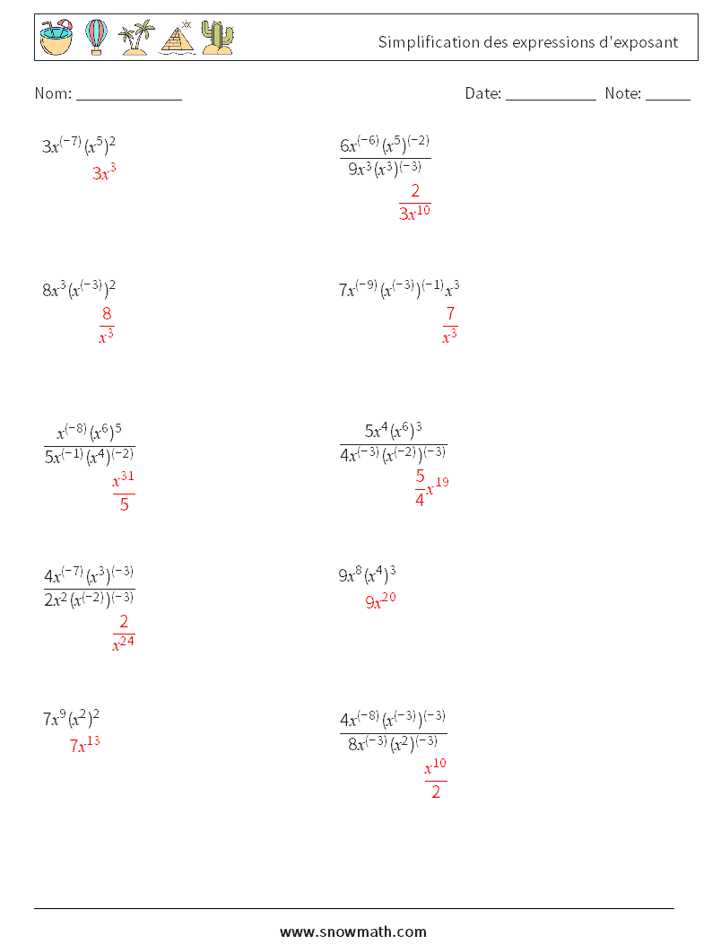  Simplification des expressions d'exposant Fiches d'Exercices de Mathématiques 1 Question, Réponse