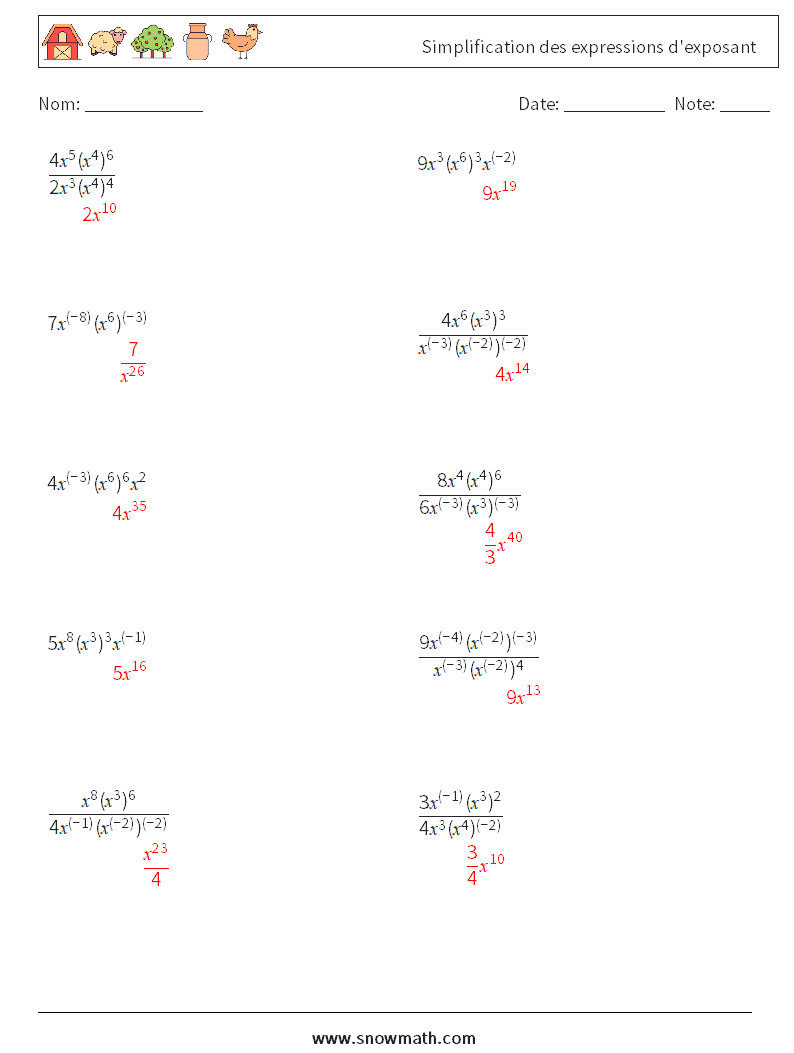  Simplification des expressions d'exposant Fiches d'Exercices de Mathématiques 2 Question, Réponse