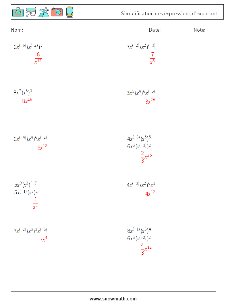  Simplification des expressions d'exposant Fiches d'Exercices de Mathématiques 3 Question, Réponse