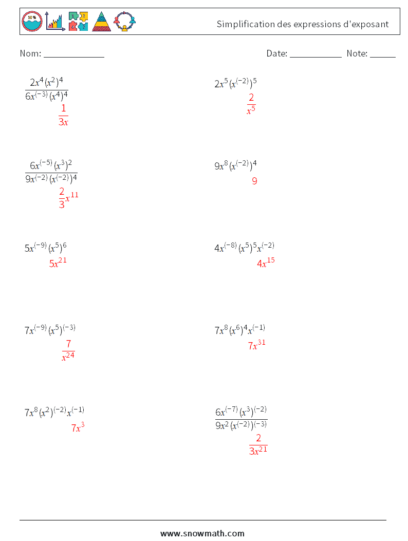  Simplification des expressions d'exposant Fiches d'Exercices de Mathématiques 4 Question, Réponse