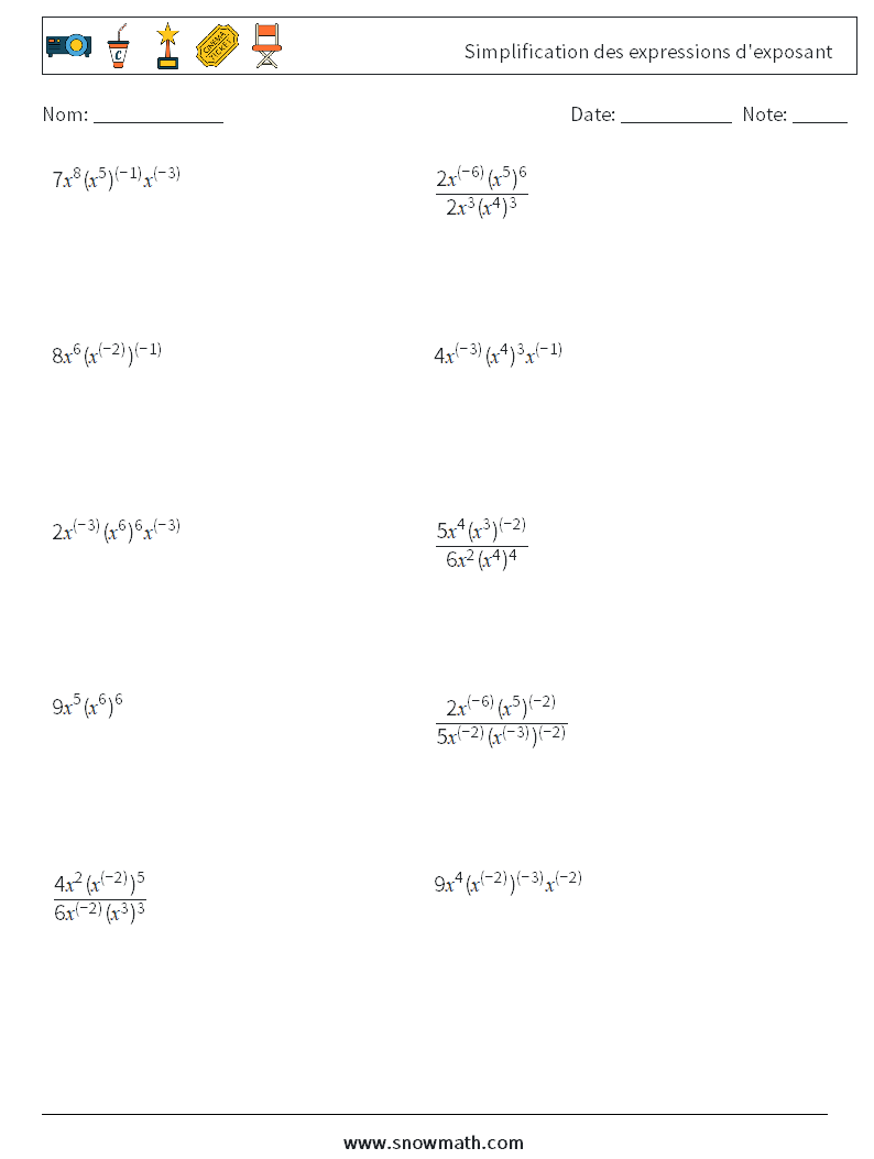  Simplification des expressions d'exposant Fiches d'Exercices de Mathématiques 5