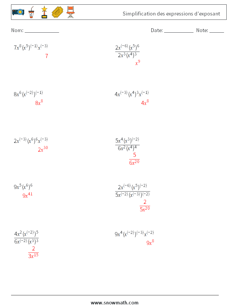  Simplification des expressions d'exposant Fiches d'Exercices de Mathématiques 5 Question, Réponse
