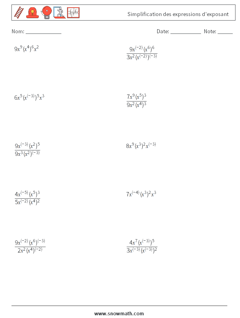  Simplification des expressions d'exposant Fiches d'Exercices de Mathématiques 6