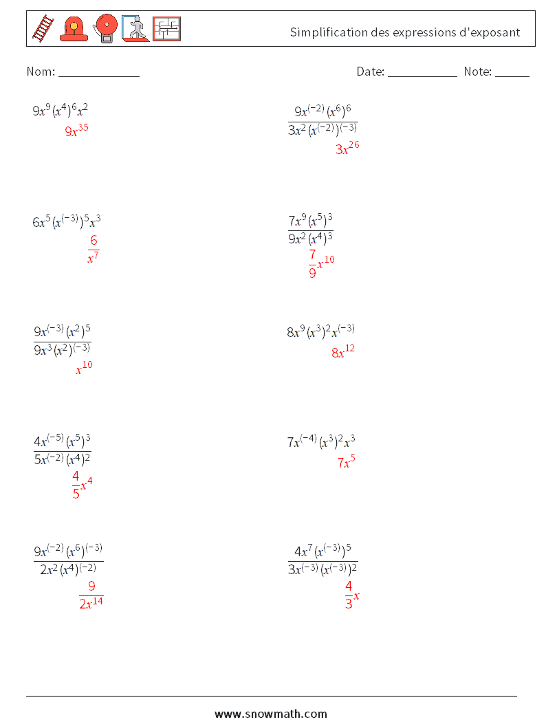  Simplification des expressions d'exposant Fiches d'Exercices de Mathématiques 6 Question, Réponse
