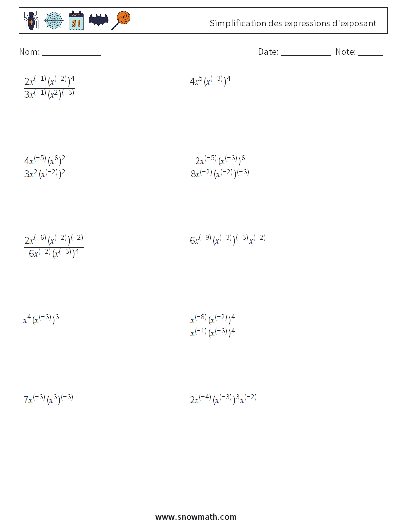  Simplification des expressions d'exposant Fiches d'Exercices de Mathématiques 7