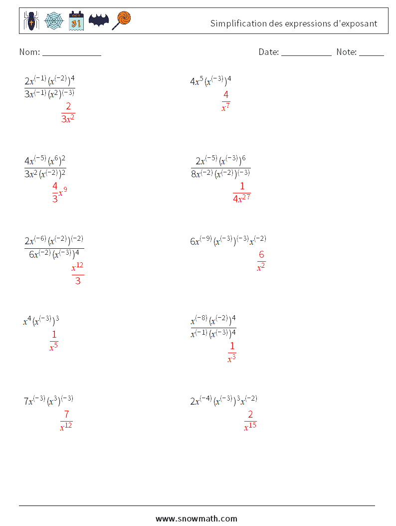  Simplification des expressions d'exposant Fiches d'Exercices de Mathématiques 7 Question, Réponse