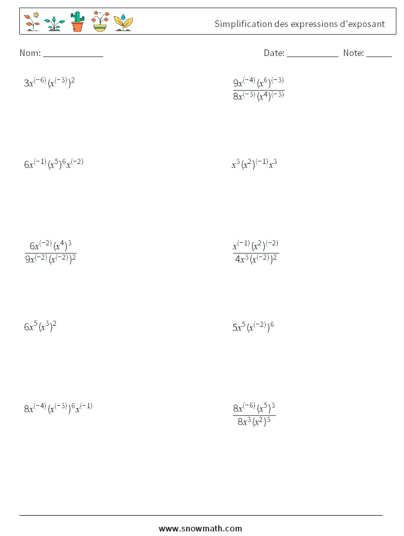  Simplification des expressions d'exposant Fiches d'Exercices de Mathématiques 9