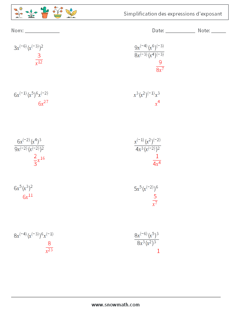  Simplification des expressions d'exposant Fiches d'Exercices de Mathématiques 9 Question, Réponse