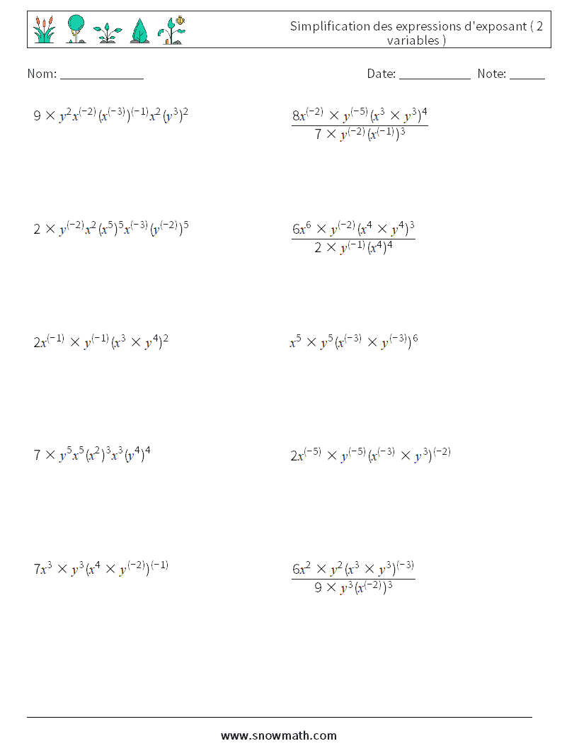  Simplification des expressions d'exposant ( 2 variables ) Fiches d'Exercices de Mathématiques 1