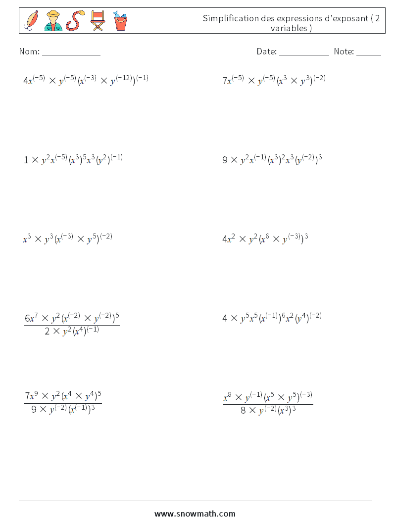  Simplification des expressions d'exposant ( 2 variables ) Fiches d'Exercices de Mathématiques 5
