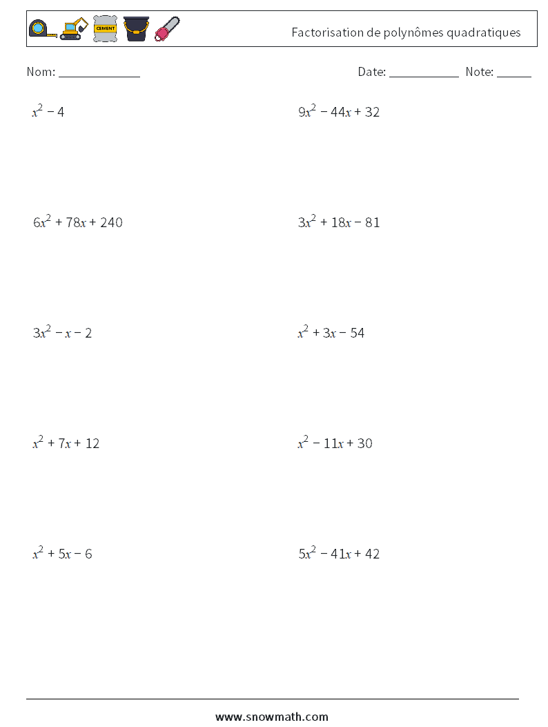 Factorisation de polynômes quadratiques Fiches d'Exercices de Mathématiques 1