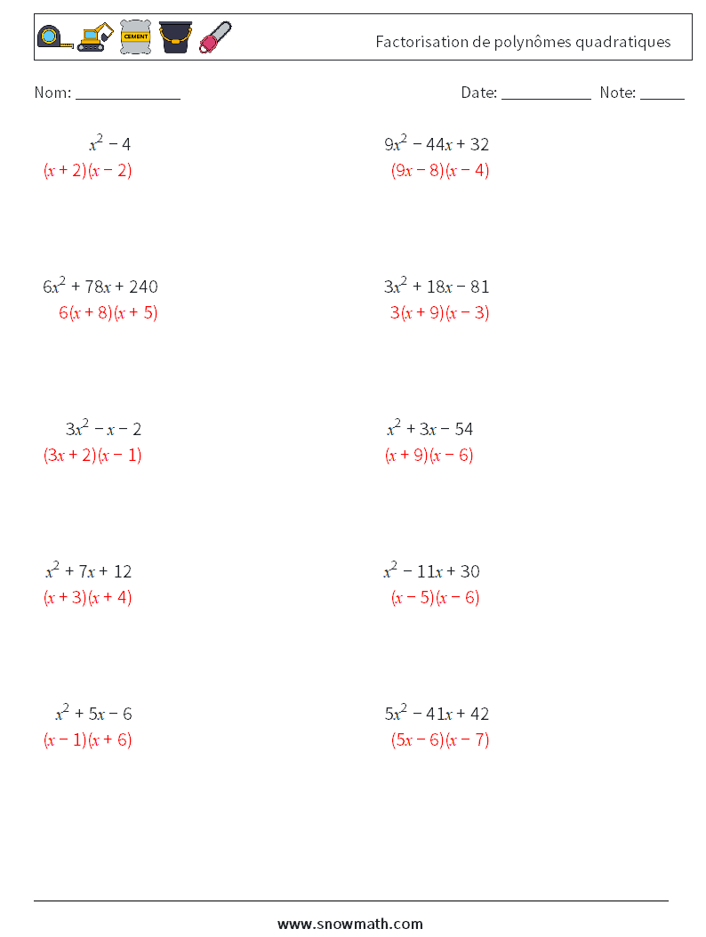 Factorisation de polynômes quadratiques Fiches d'Exercices de Mathématiques 1 Question, Réponse