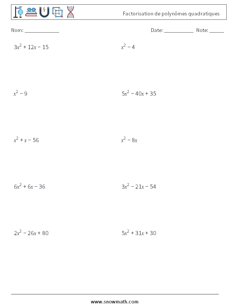 Factorisation de polynômes quadratiques Fiches d'Exercices de Mathématiques 2