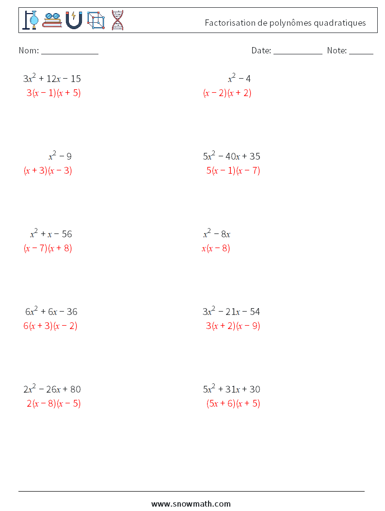 Factorisation de polynômes quadratiques Fiches d'Exercices de Mathématiques 2 Question, Réponse